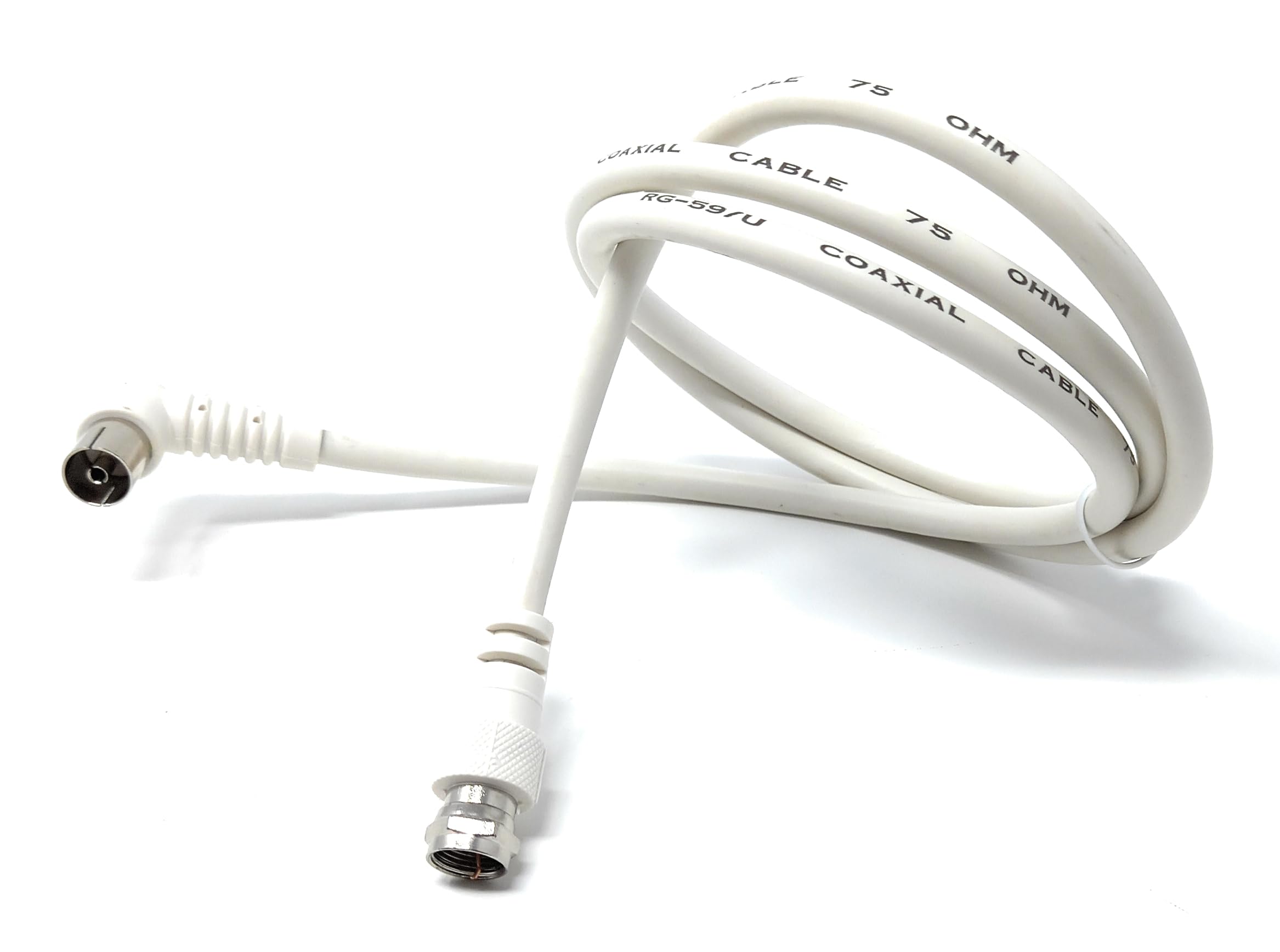 DRUT 1m F Type Male Plug to Right Angled Coax TV Socket Satellite Lead, RG59 75Ohm White Cable 3.3ft