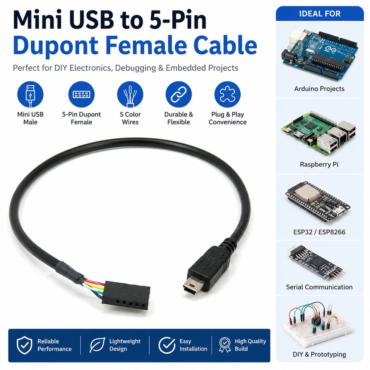 DRUT 5 Pin Motherboard Female Header to Mini USB Male Adapter Cable, 50cm, Internal USB Header Converter Lead for PC Motherboards and Embedded Devices