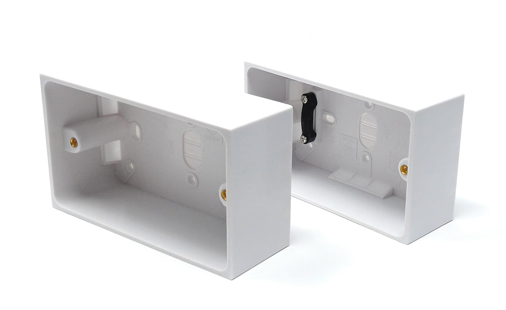Dual 2 Gang Surface Mount Back Box Pattress Box (47mm Deep) Fitted With Earth Terminals, White