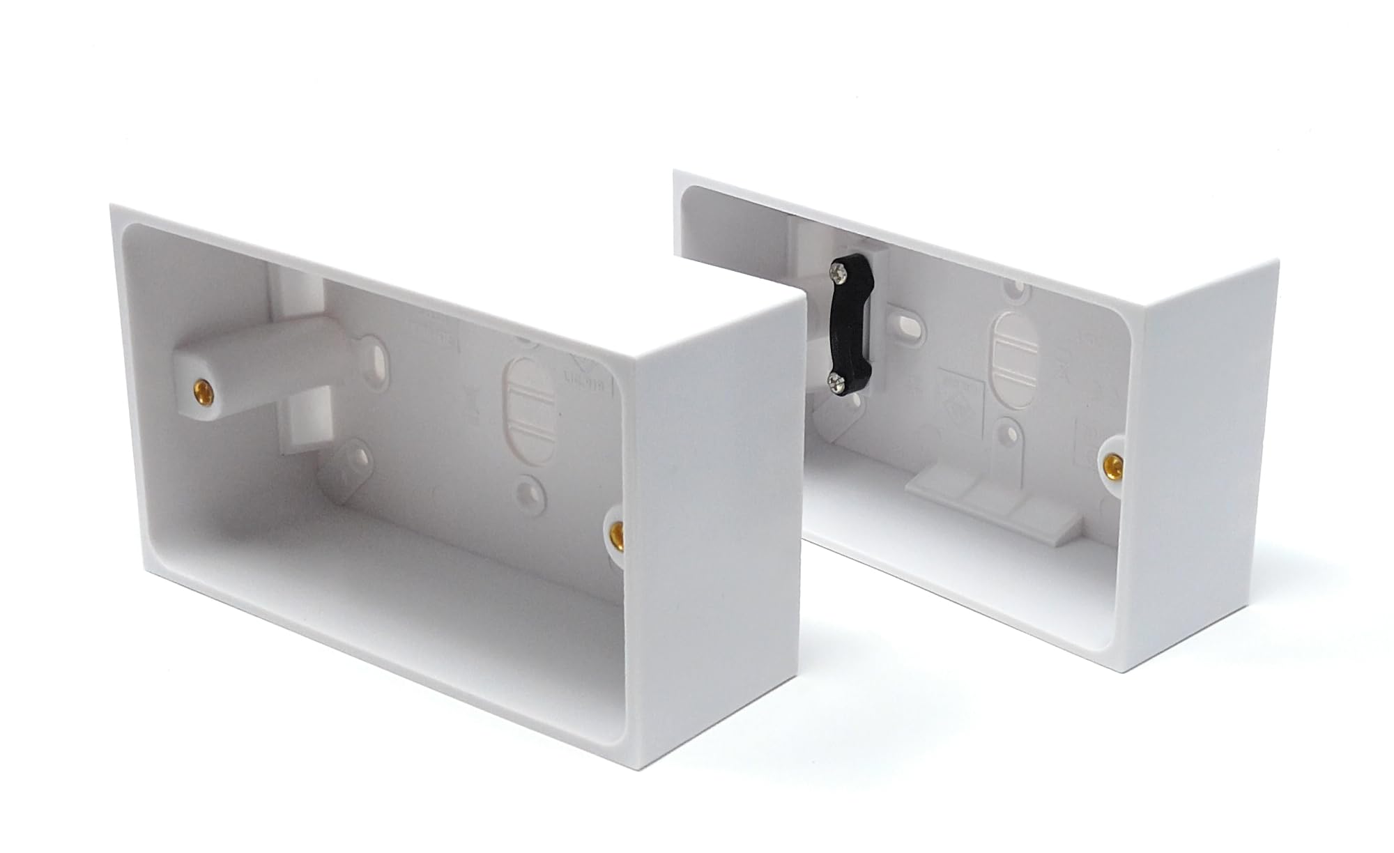 Dual 2 Gang Surface Mount Back Box Pattress Box (47mm Deep) Fitted With Earth Terminals, White