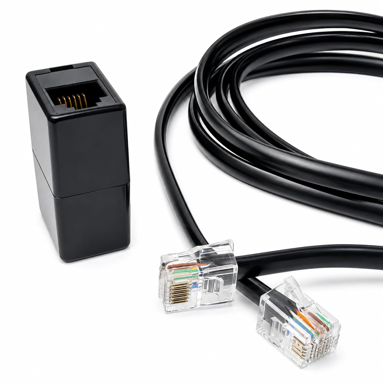 DRUT RJ12 to RJ12 (RJ11) 6-Pin Male to Male Cable with Female Coupler, Gold-Plated Connectors for BT Telephone, Broadband, and Modem Extension