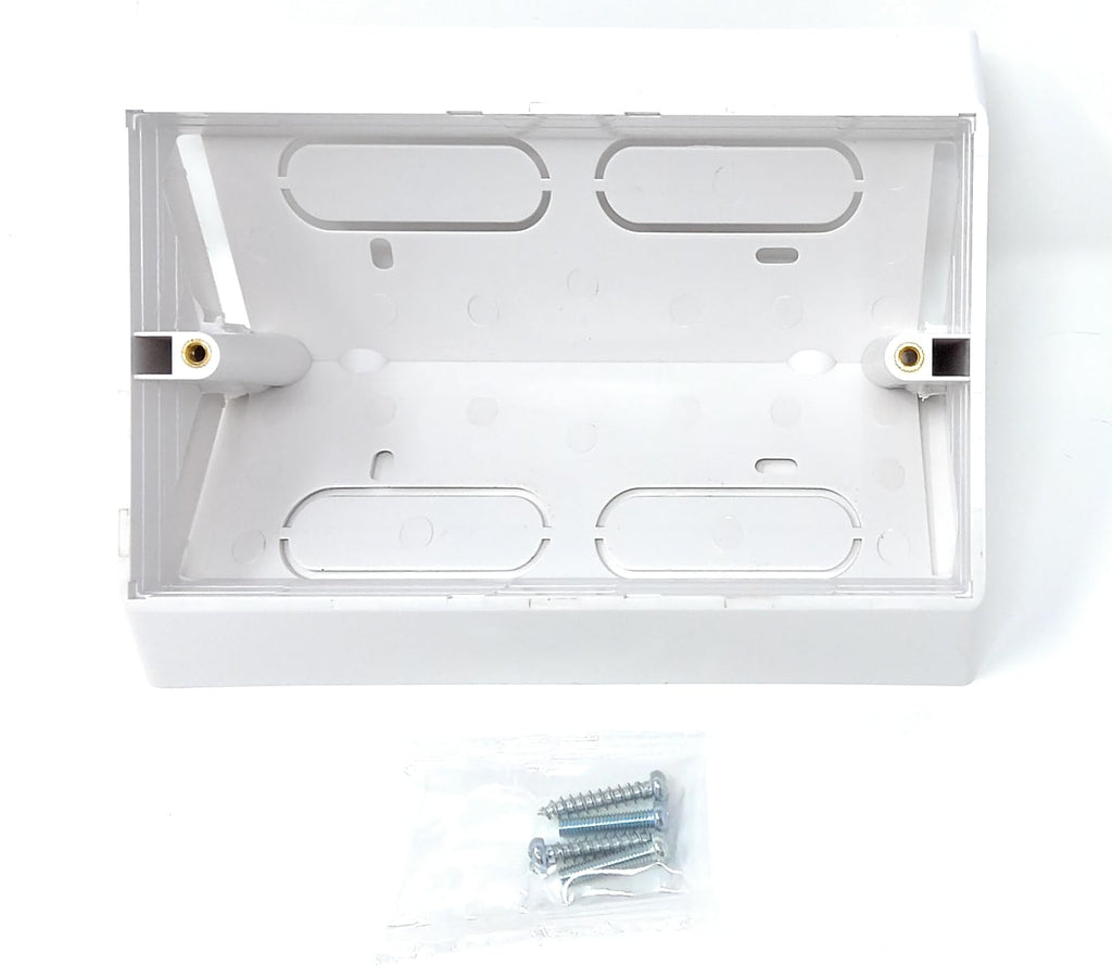 White Double 2 Gang Pattress Electrical Back Box for Faceplates 45 Degree Angled Surface Mount for WorkBench 146mm x 85mm