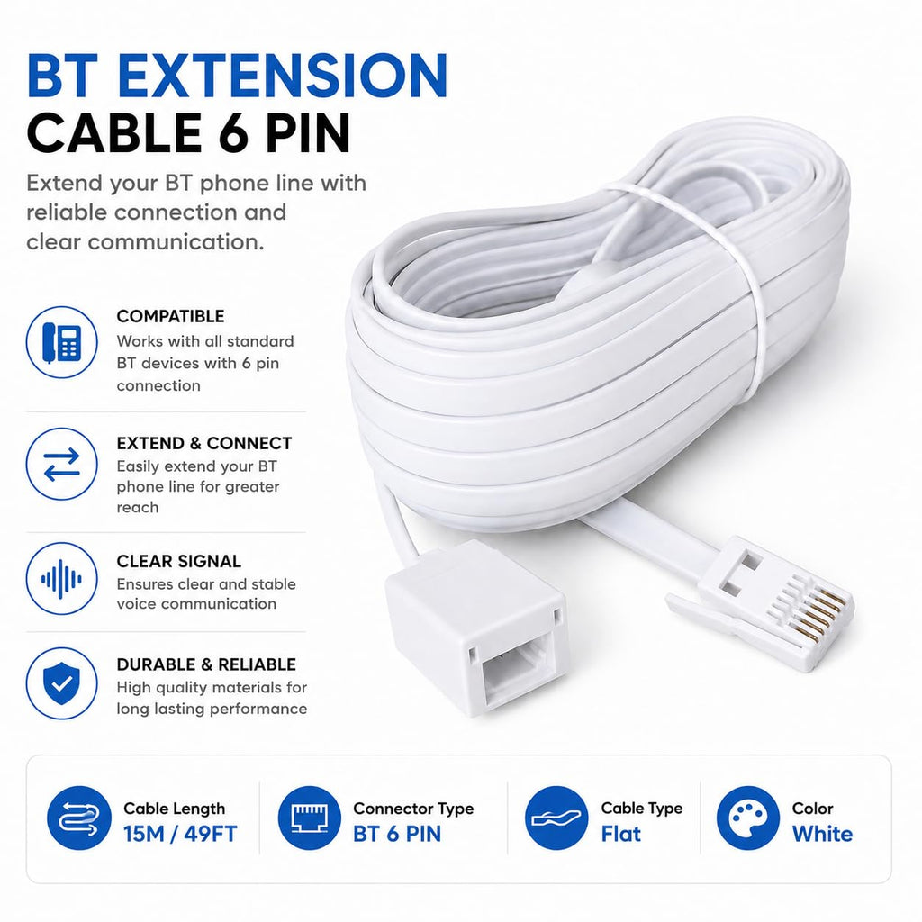 DRUT BT Telephone Flat Extension Cable (631a) 28AWG Lead Wire, 6 Pin Core, BT Male to BT Female, Jack to Socket