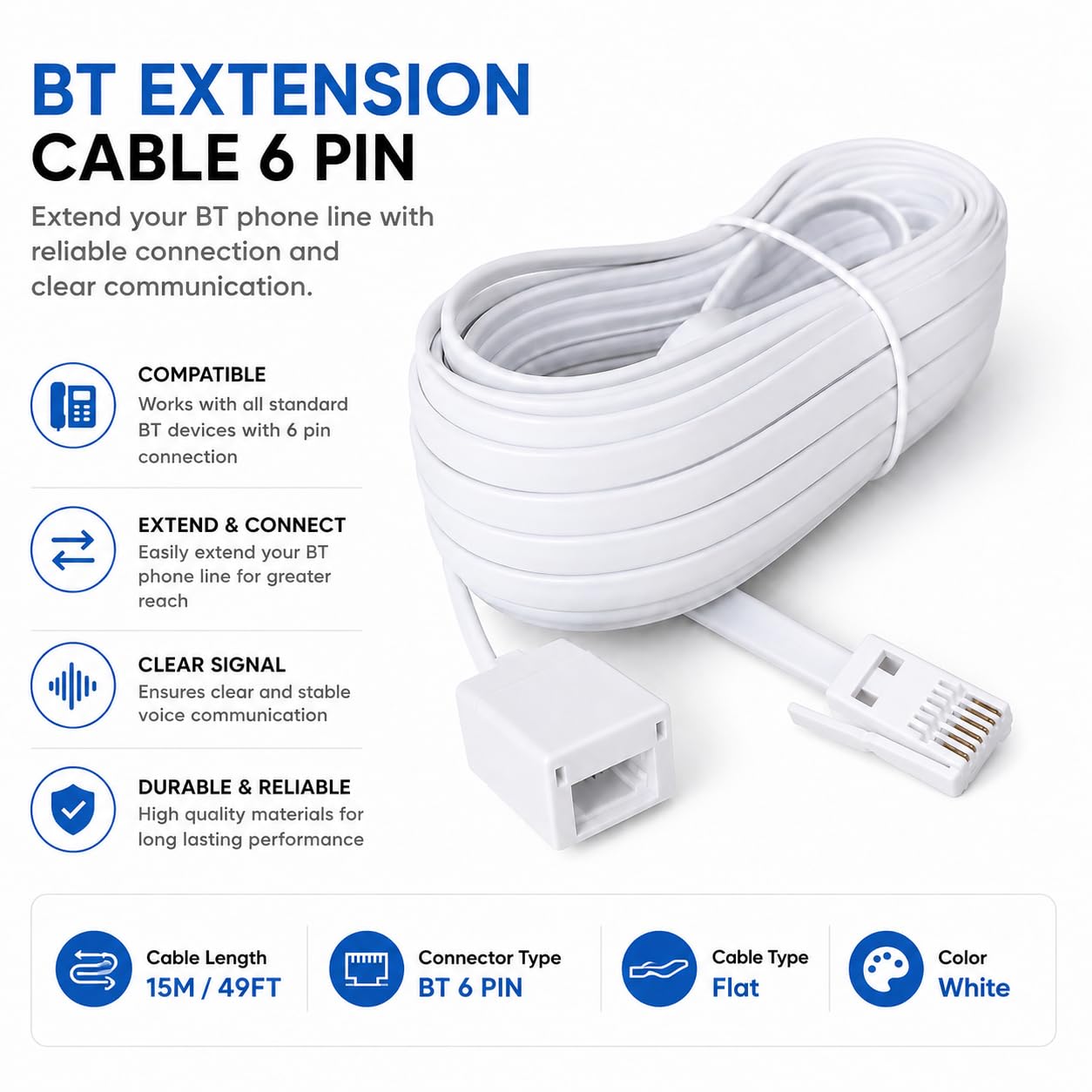 DRUT BT Telephone Flat Extension Cable (631a) 28AWG Lead Wire, 6 Pin Core, BT Male to BT Female, Jack to Socket