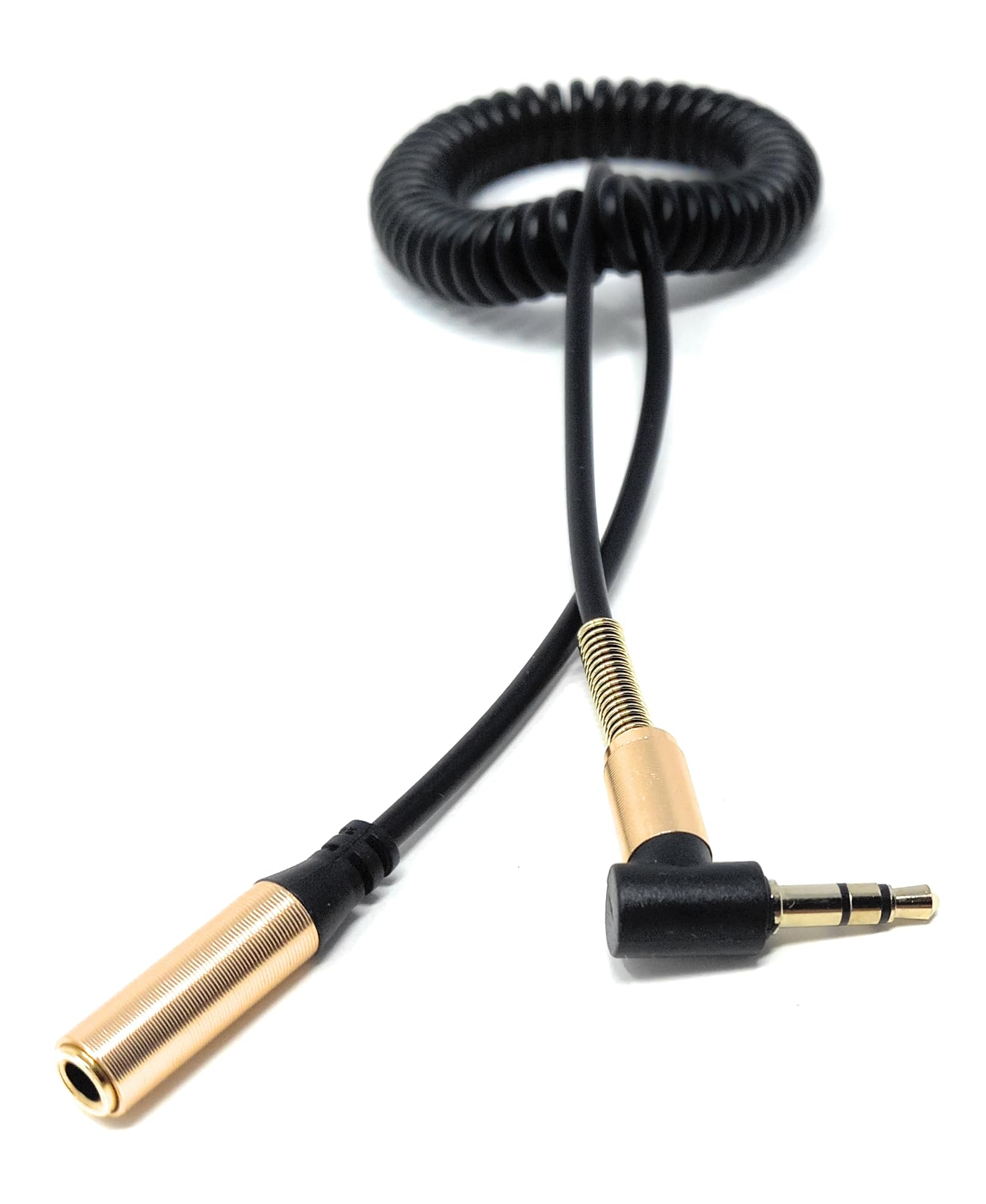 DRUT 1.5m 3.5mm Aux Coiled Extension Cable, Right Angle Male to Female, Audio Stereo Lead 5ft