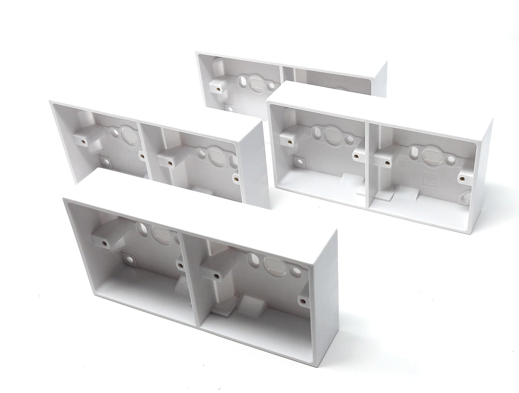 2-Gang Surface Mount Back Box – White Electrical Pattress Box, 172mm x 86mm x 35mm, Twin for Sockets and Switches