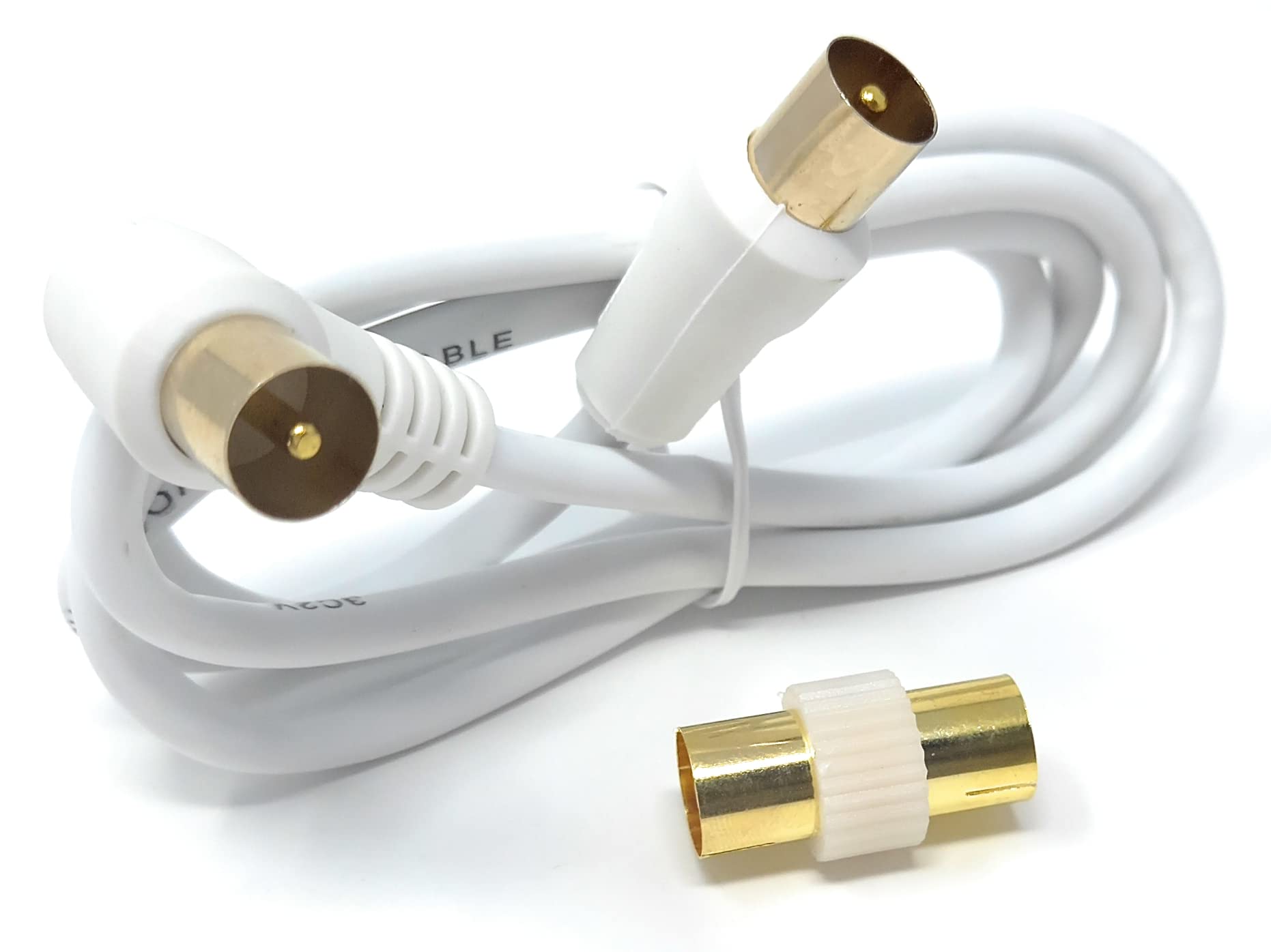 DRUT TV RF Right Angle Male to Male Aerial Antenna Coaxial Cable With Female to Female Coupler Gold Connectors 75 ohm, 3C2V