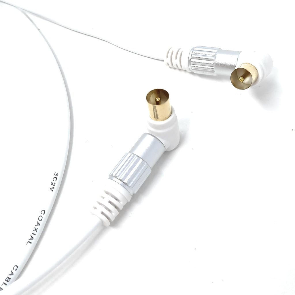 DRUT 3m Right Angle RF TV Aerial Cable – Gold-Plated Coaxial Freeview Plug to RA Connector, Metal Shielded, White Video Cable for HDTV, Set-Top Box, DVR