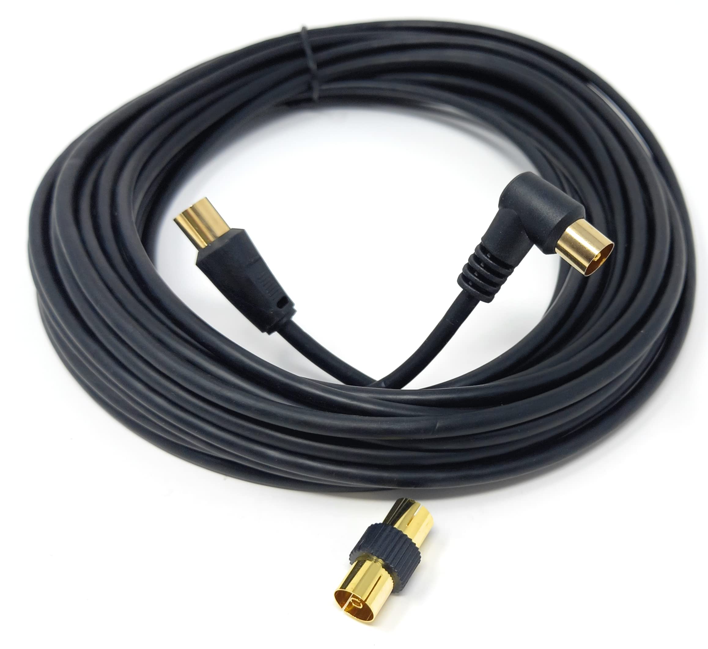 DRUT TV RF Right Angle Male to Male Aerial Antenna Coaxial Cable With Female to Female Coupler Gold Connectors 75 ohm, 3C2V