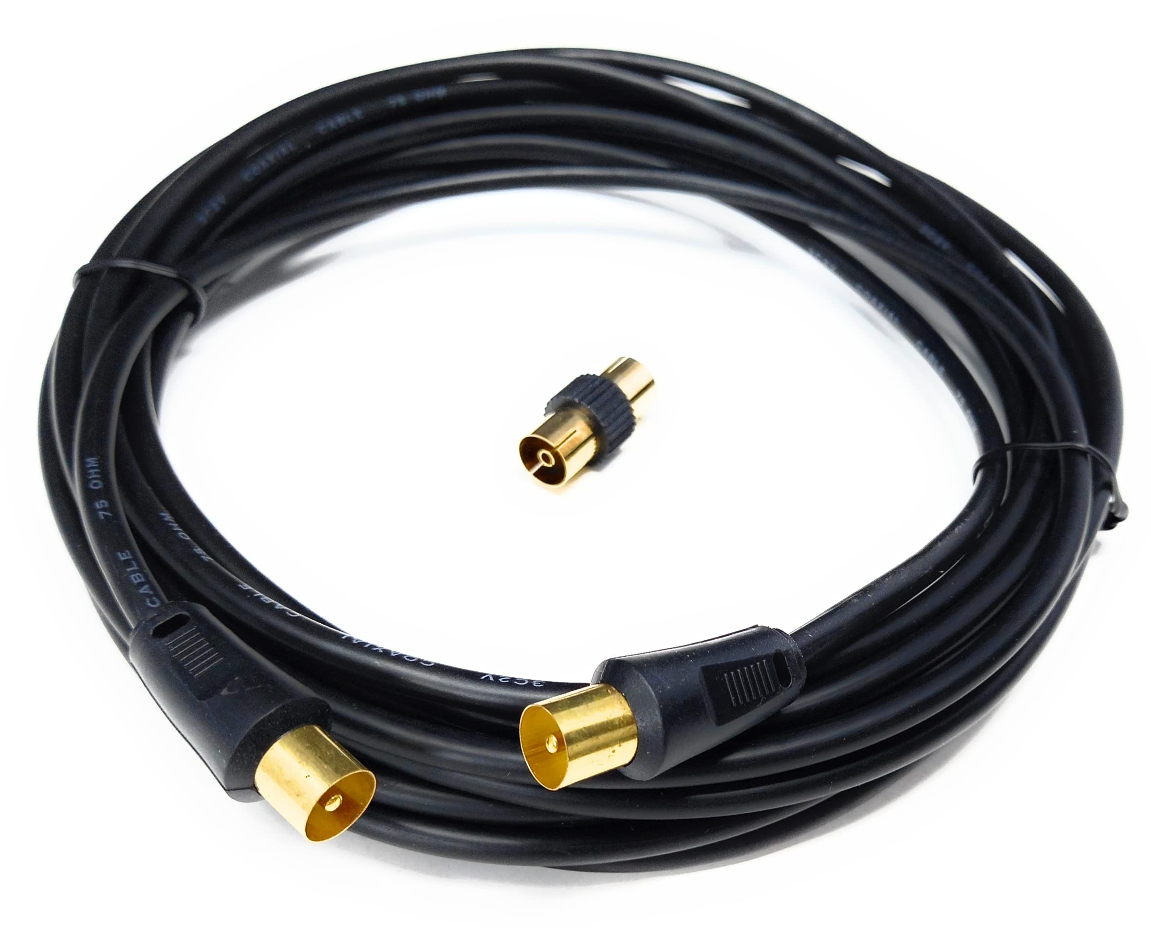 DRUT TV RF Male to Male Aerial Antenna Coaxial Cable With Female to Female Coupler, Gold Connectors 75 ohm, 3C2V