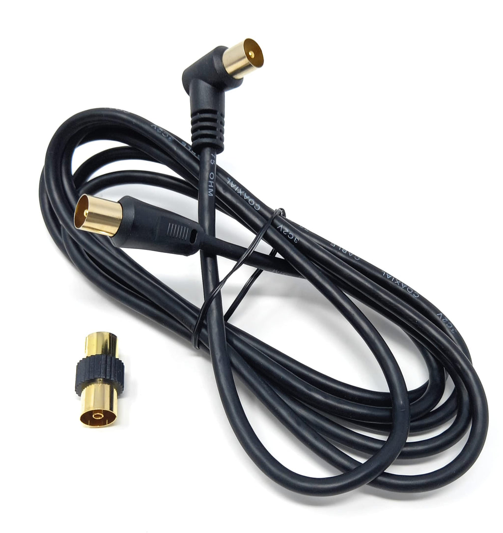 DRUT TV RF Right Angle Male to Male Aerial Antenna Coaxial Cable With Female to Female Coupler Gold Connectors 75 ohm, 3C2V