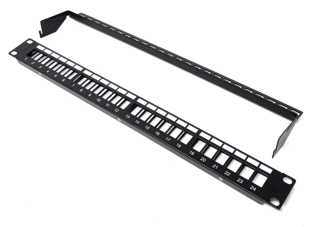 24-Port 1U Blank Patch Panel with Cable Management Bar, Unshielded, 19-Inch Rack Mount, Compatible with Cat6A, Cat5, Cat5e, Cat6, Cat7, Cat8, Cat9 Snap-in Keystone Jacks