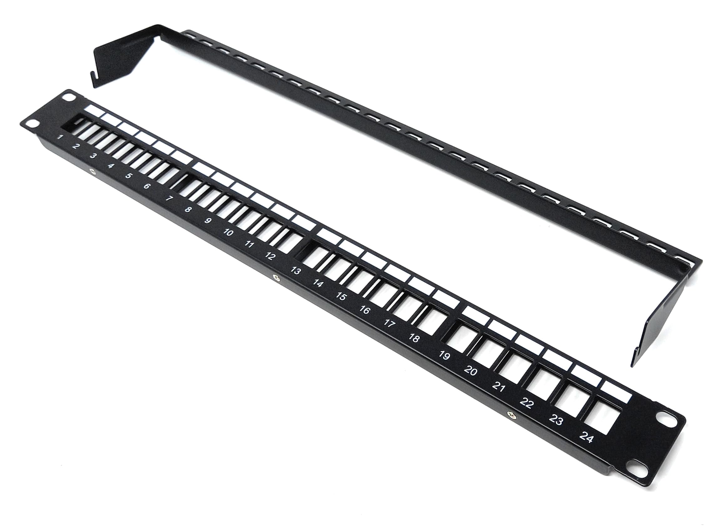 24-Port 1U Blank Patch Panel with Cable Management Bar, Unshielded, 19-Inch Rack Mount, Compatible with Cat6A, Cat5, Cat5e, Cat6, Cat7, Cat8, Cat9 Snap-in Keystone Jacks