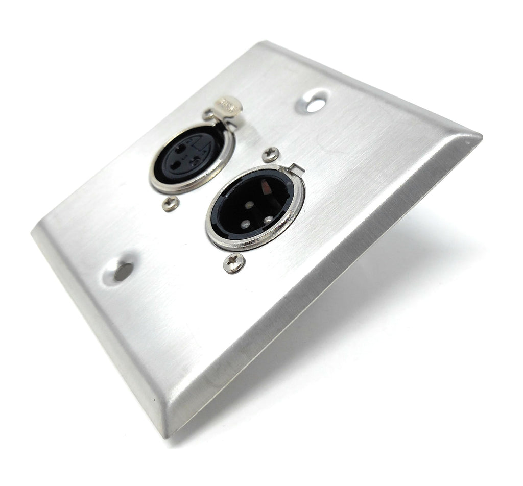 XLR Wall Plate – 3-Pin Single Gang Faceplate with 1 Male & 1 Female Socket, Stainless Steel Audio Panel with Soldering Ends for Mic, Mixer, Speaker & Amplifier