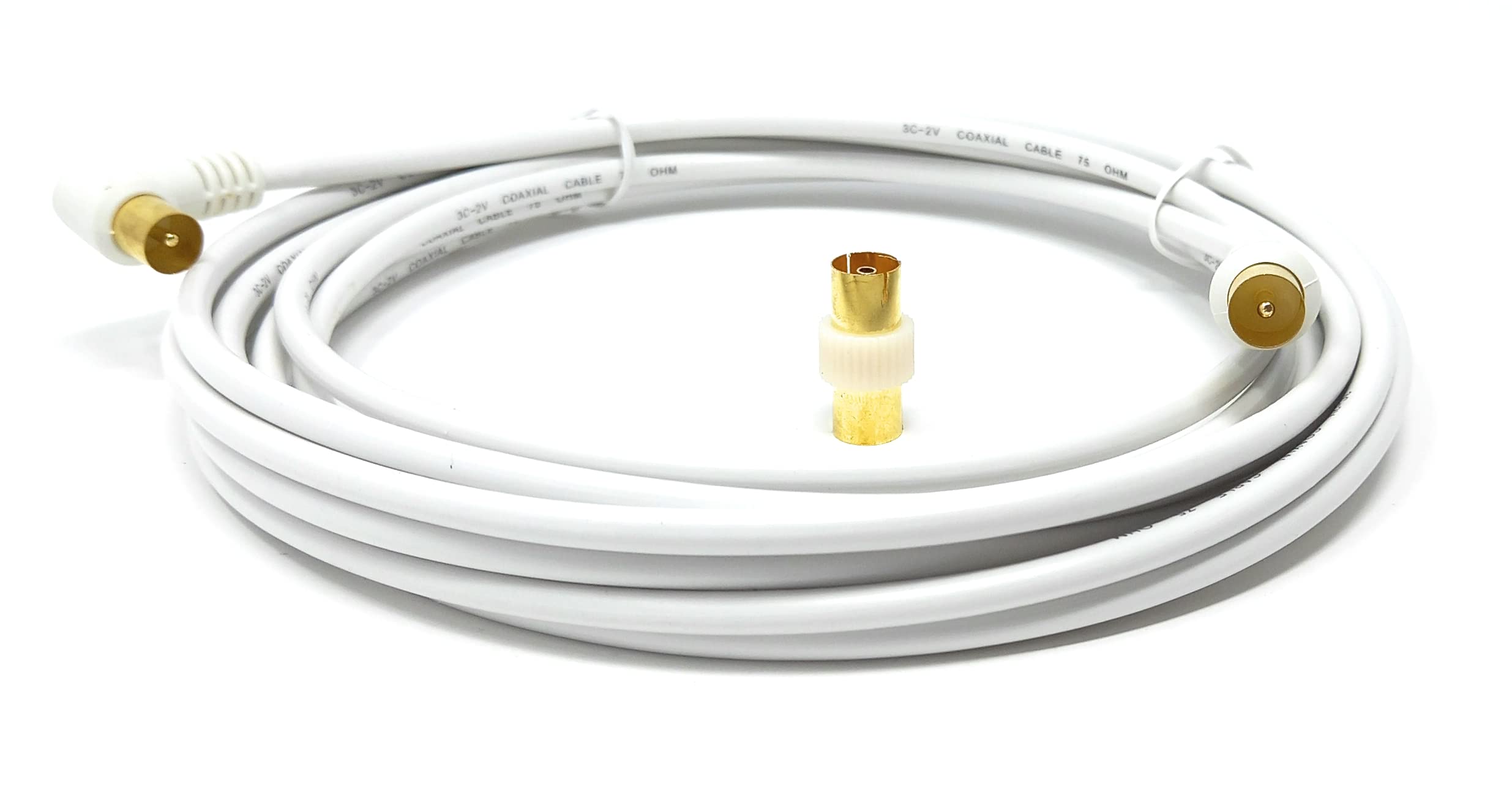 DRUT TV RF Right Angle Male to Male Aerial Antenna Coaxial Cable With Female to Female Coupler Gold Connectors 75 ohm, 3C2V