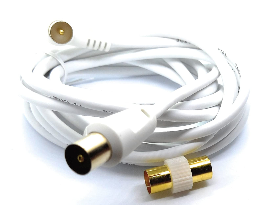 DRUT TV RF Right Angle Male to Male Aerial Antenna Coaxial Cable With Female to Female Coupler Gold Connectors 75 ohm, 3C2V