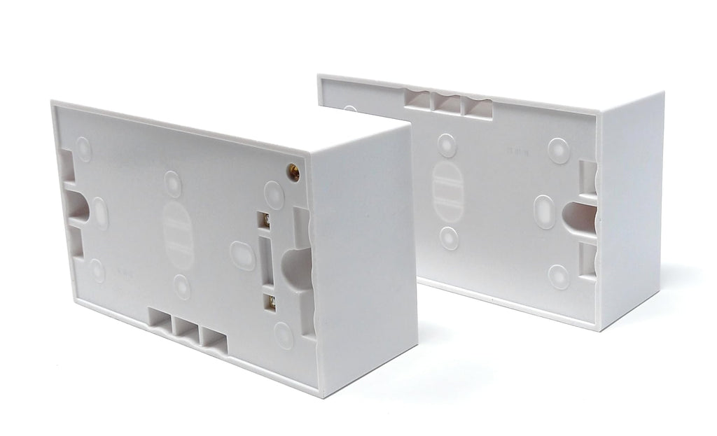 Dual 2 Gang Surface Mount Back Box Pattress Box (47mm Deep) Fitted With Earth Terminals, White