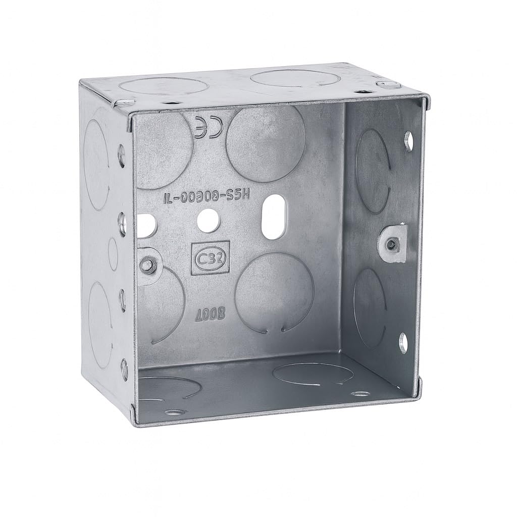 1 Gang Galvanised Steel Pattress Box with Brass Earth Terminal – 47mm Depth Back Box for Electrical Faceplates