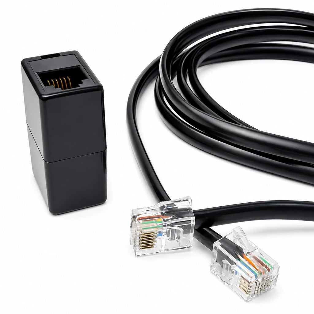 DRUT RJ12 to RJ12 (RJ11) 6-Pin Male to Male Cable with Female Coupler, Gold-Plated Connectors for BT Telephone, Broadband, and Modem Extension