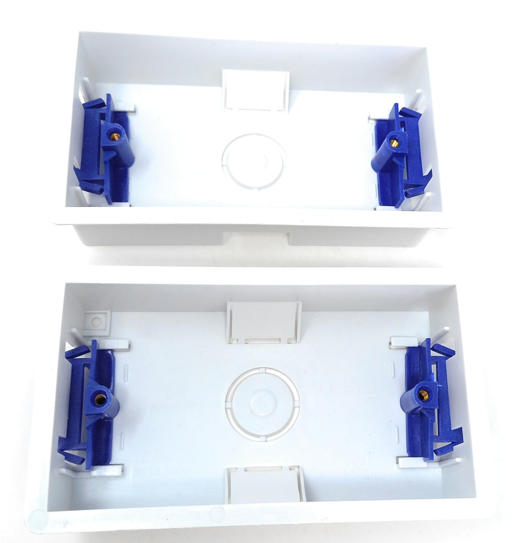 Dual 2 Gang Dry Lining Back Plasterboard Surface Pattress Box with Adjustable Lugs 35mm Deep, for Faceplate
