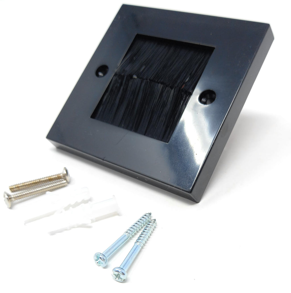 Single Gang Brush Wall Outlet Cable Entry Plate, Tidy Mount Faceplate, Black (Screws Included)