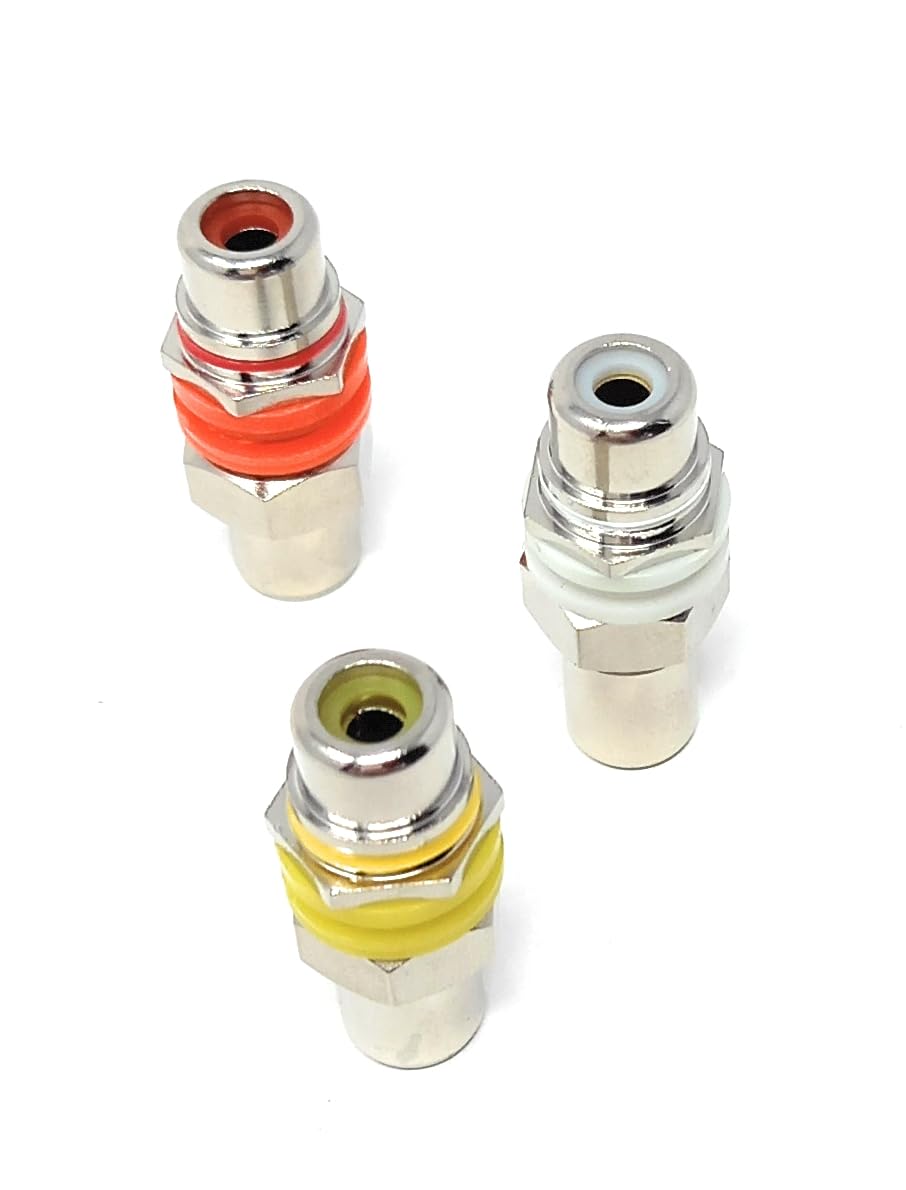 DRUT RCA Panel Mount Female to Female Audio and Video Adapter Pack – Red, White, and Yellow Color-Coded A/V Audio Plugs (Set of 3)
