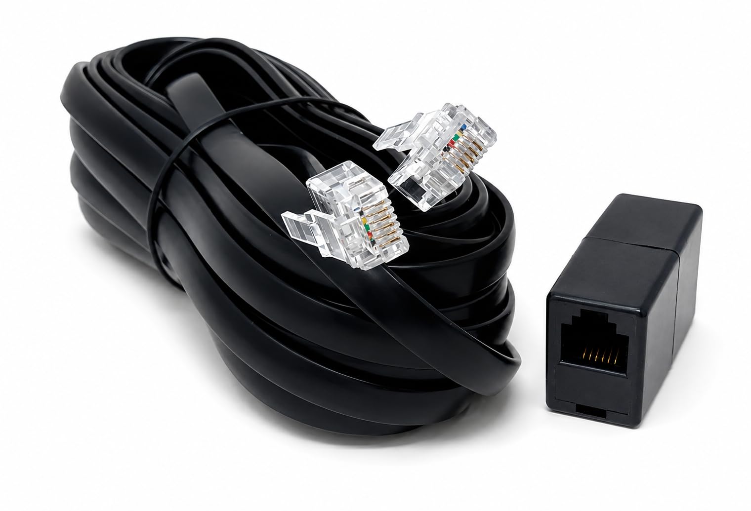 DRUT RJ12 to RJ12 (RJ11) 6-Pin Male to Male Cable with Female Coupler, Gold-Plated Connectors for BT Telephone, Broadband, and Modem Extension