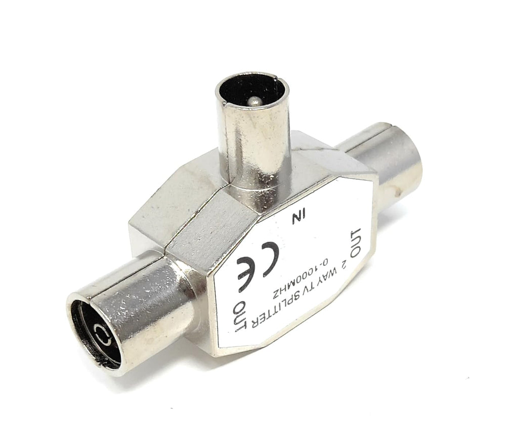 DRUT 2 Port TV RF Coax T Splitter, 1 Male to 2 Female Aerial Adapter, Metal Coaxial Signal Splitter 0–1000MHz for TV, Freeview, Antenna, Satellite & Radio Connection