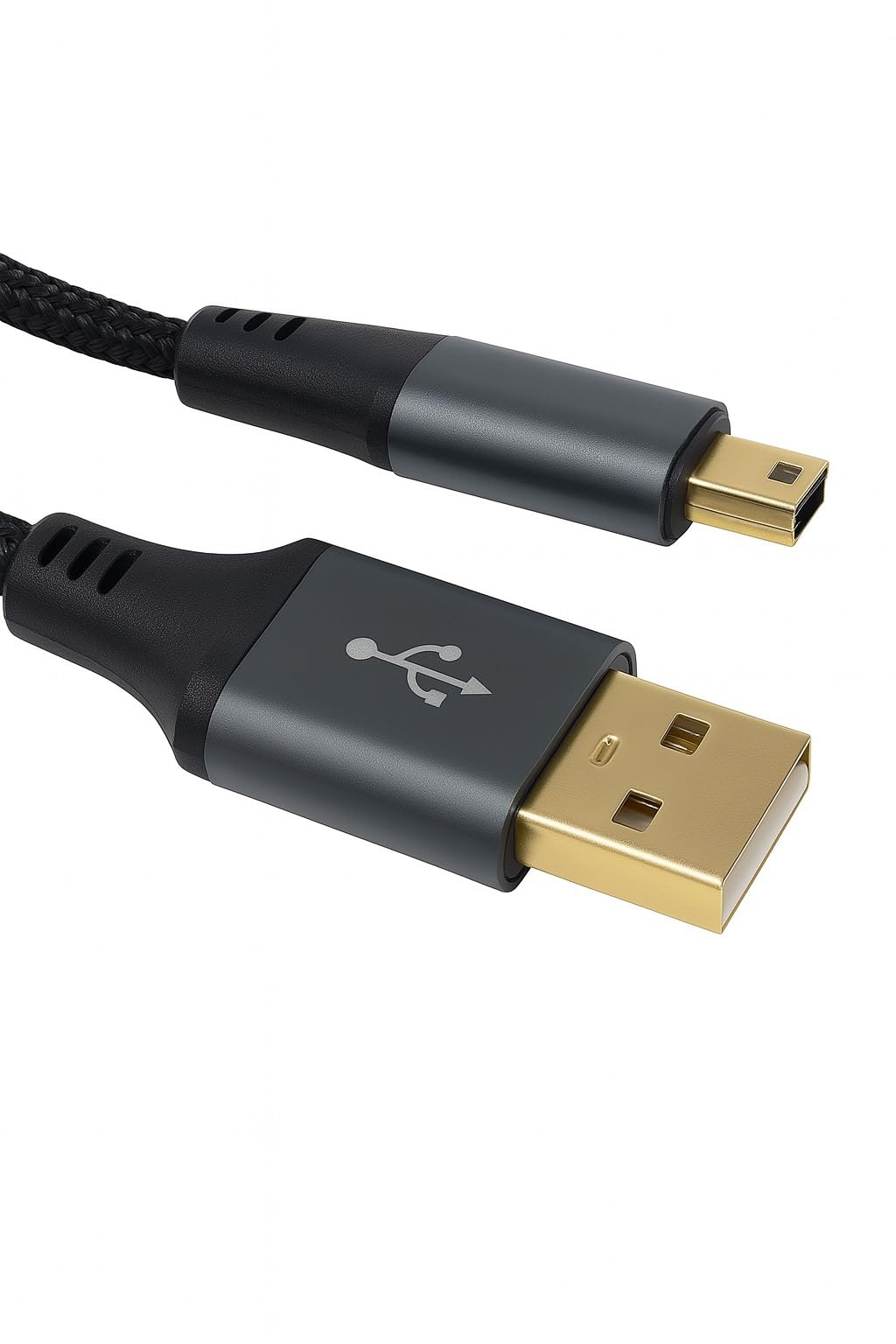 USB 2.0 A to Mini-B 5-Pin Braided Cable – Metal Ends, 24AWG Power & Data Lead, Hi-Speed Transfer