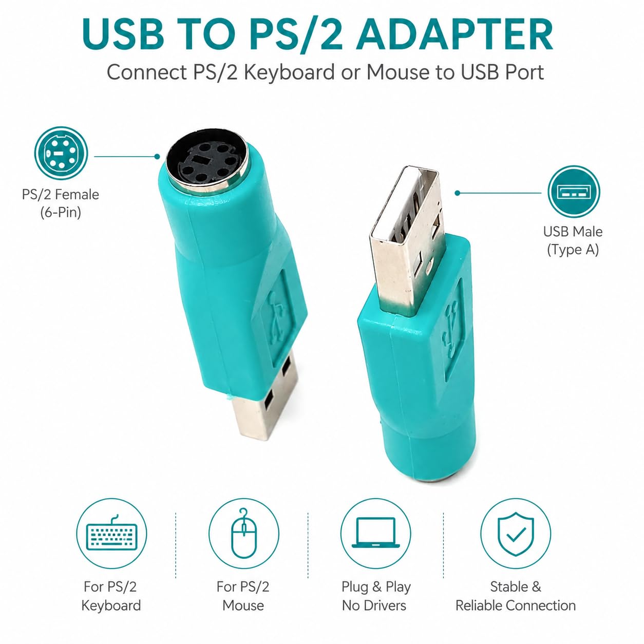 DRUT USB A Male to Mini DIN 6 Female Adapter, PS/2 Converter for Music Instruments, Keyboard, Mouse and Legacy Peripheral Connections