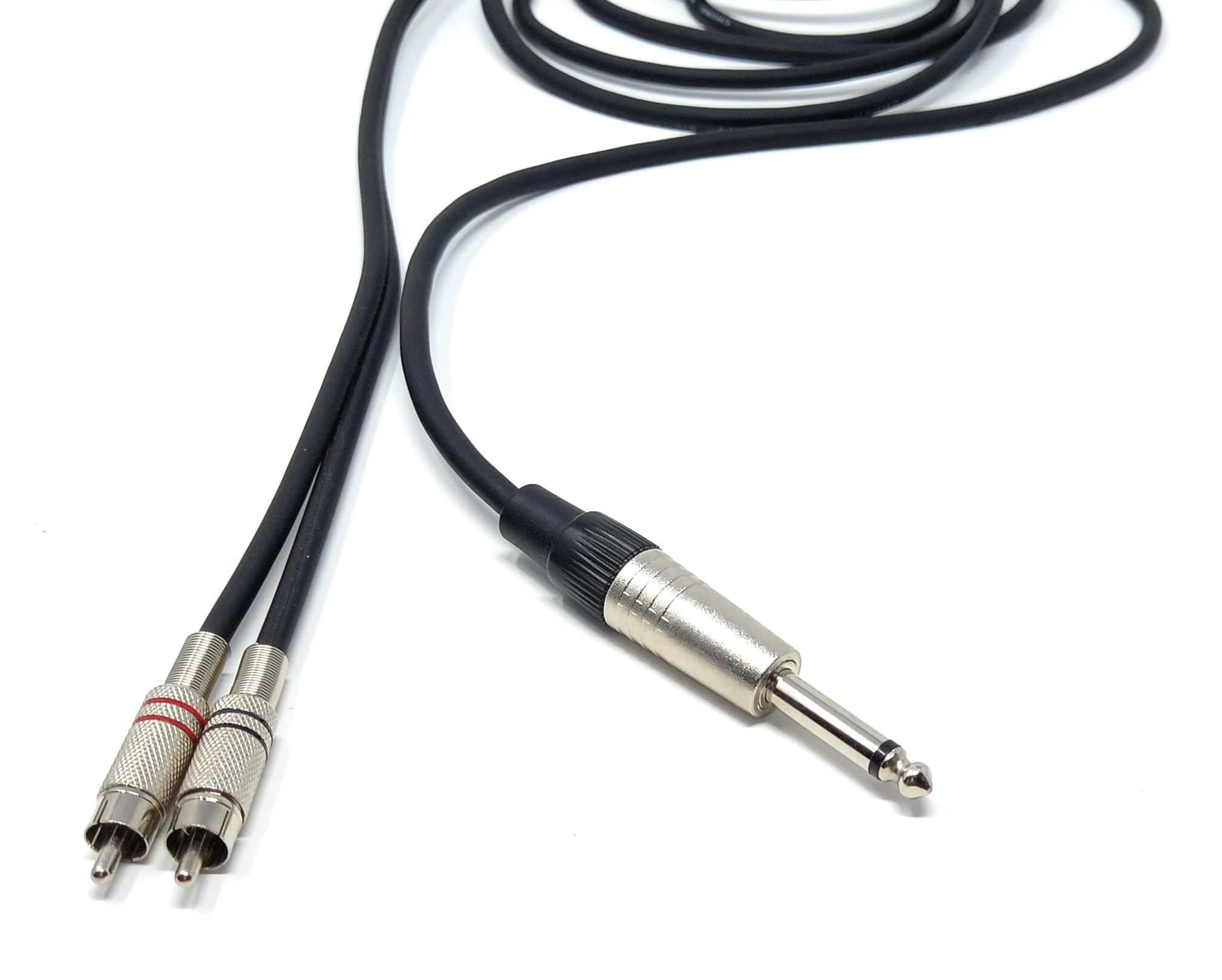 DRUT 3m 6.35mm Mono Jack to 2 x Twin RCA Phono Plugs Shielded Audio Lead, Soft Flexible Rubberised Jacket Cable 10ft