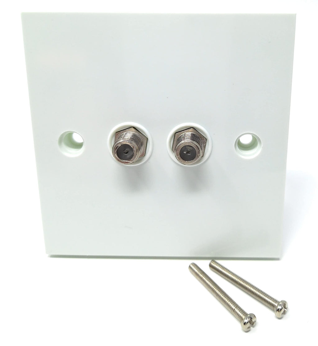 Twin Satellite, TV Outlet F-Type Male Screw Socket Connector, Wall Plate Faceplate, UK Standard, Single Gang, White