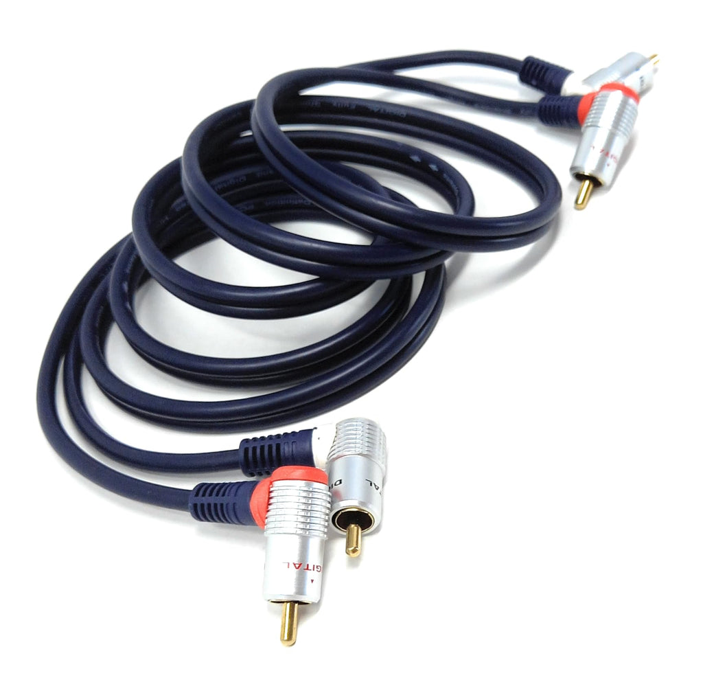 DRUT 1.5m Twin 2 x RCA to RCA Right Angle Audio Cable for Turntable, Mixer, Amplifier, Speakers, Subwoofer with Gold Plated Plugs 5ft
