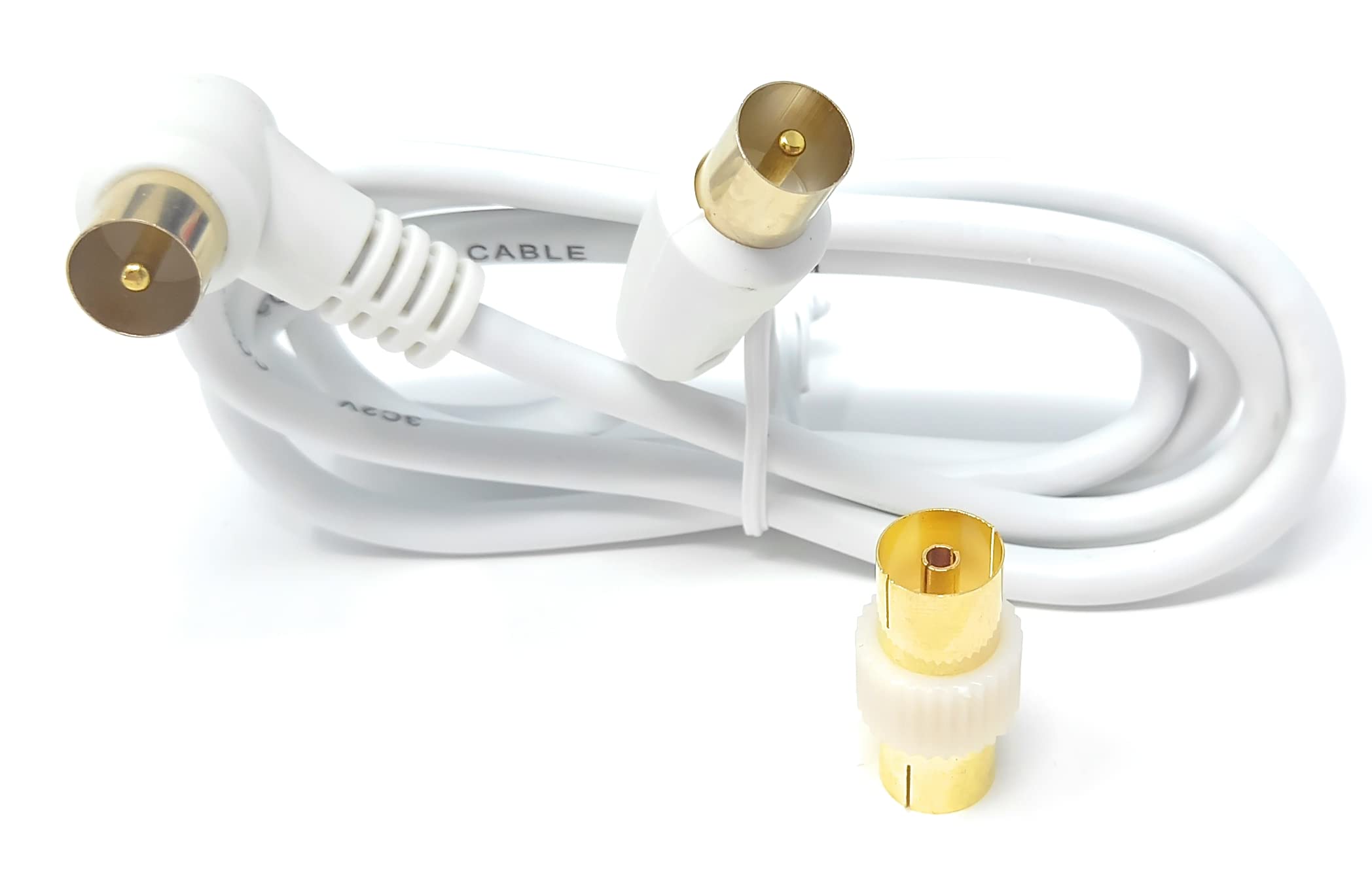 DRUT TV RF Right Angle Male to Male Aerial Antenna Coaxial Cable With Female to Female Coupler Gold Connectors 75 ohm, 3C2V