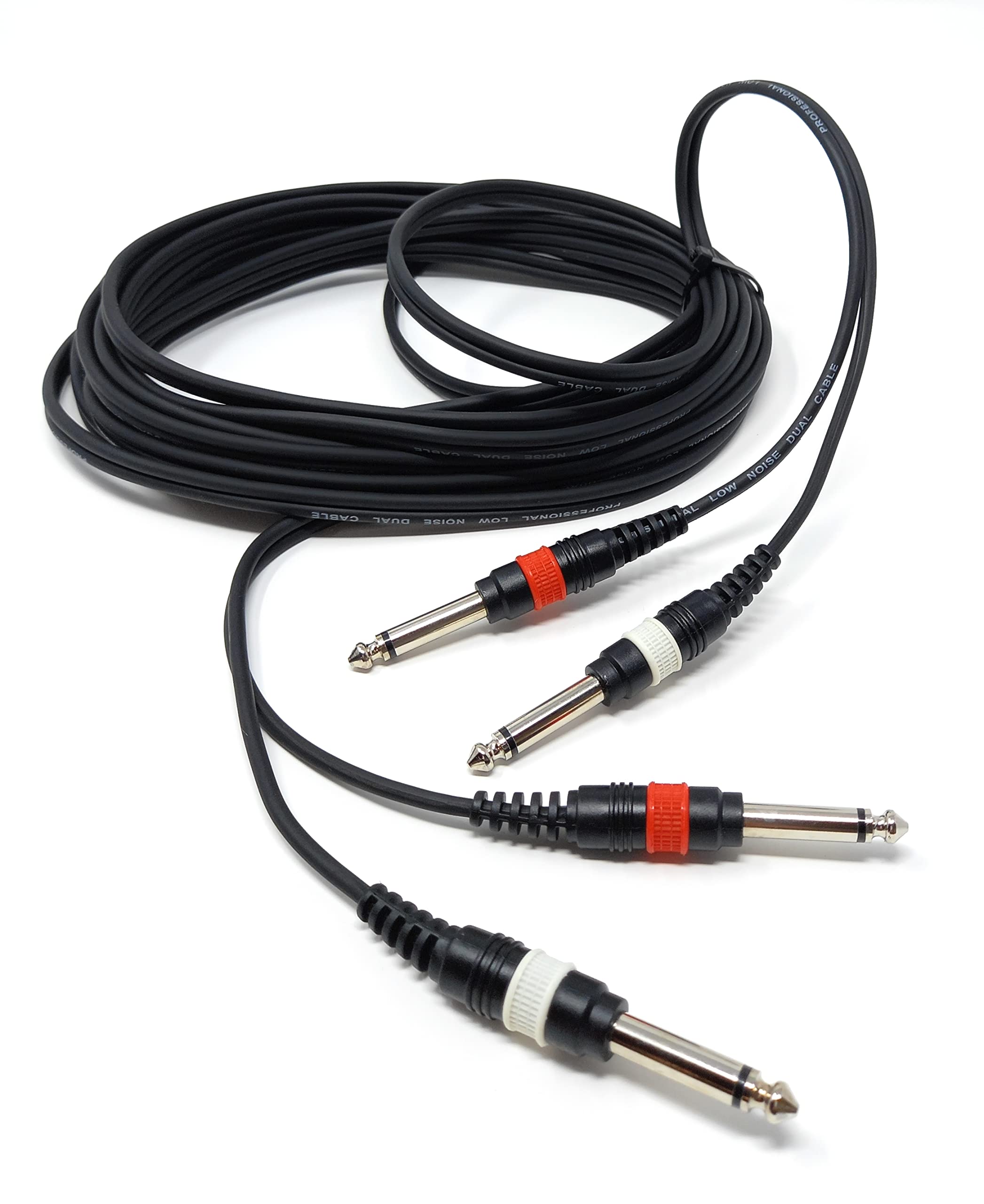 Twin 6.35mm Mono 2 x Jack to 2 x Jack Shielded Cable Lead, Rubber Reliefs, Helical PVC Cord, Nickel Connectors
