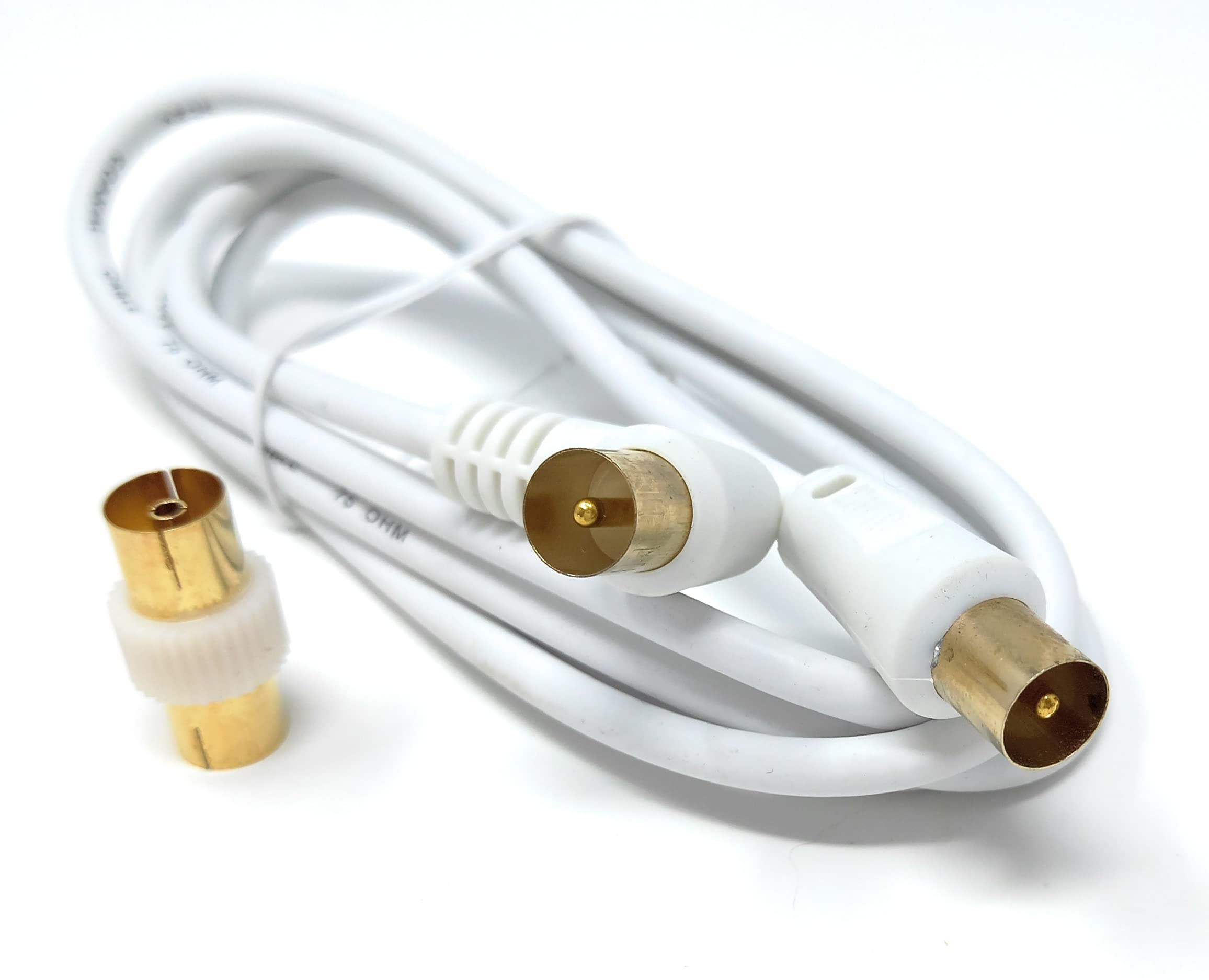 DRUT TV RF Right Angle Male to Male Aerial Antenna Coaxial Cable With Female to Female Coupler Gold Connectors 75 ohm, 3C2V
