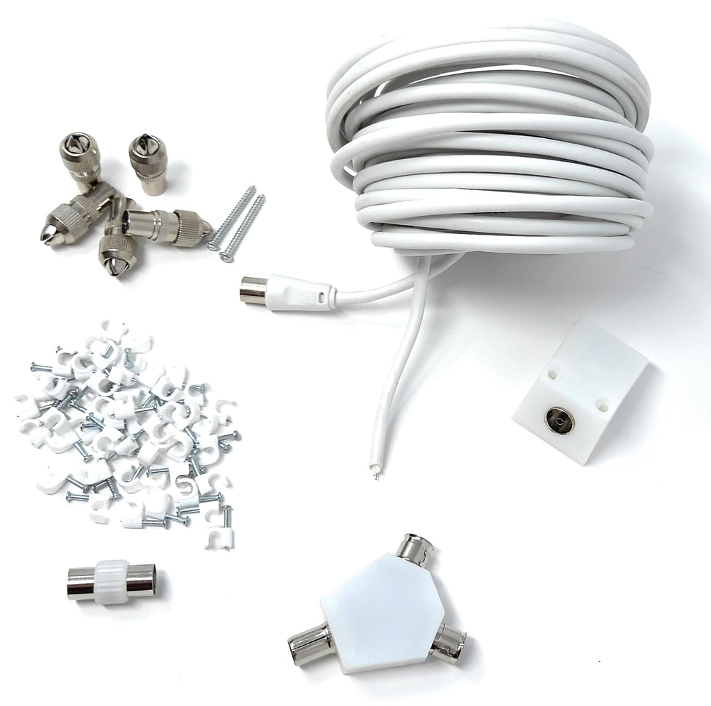 DRUT 15m TV Cable Extension DIY Kit Coaxial Cable, 5 x Coaxial Plugs, 1 x Coaxial Couple, 1 x 2 Way Splitter, 1 x Coaxial Surface Mount Socket and 50 Cable Clips,