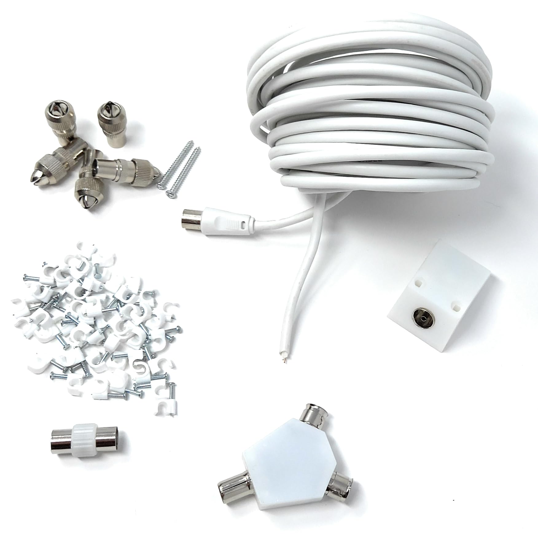DRUT 15m TV Cable Extension DIY Kit Coaxial Cable, 5 x Coaxial Plugs, 1 x Coaxial Couple, 1 x 2 Way Splitter, 1 x Coaxial Surface Mount Socket and 50 Cable Clips,