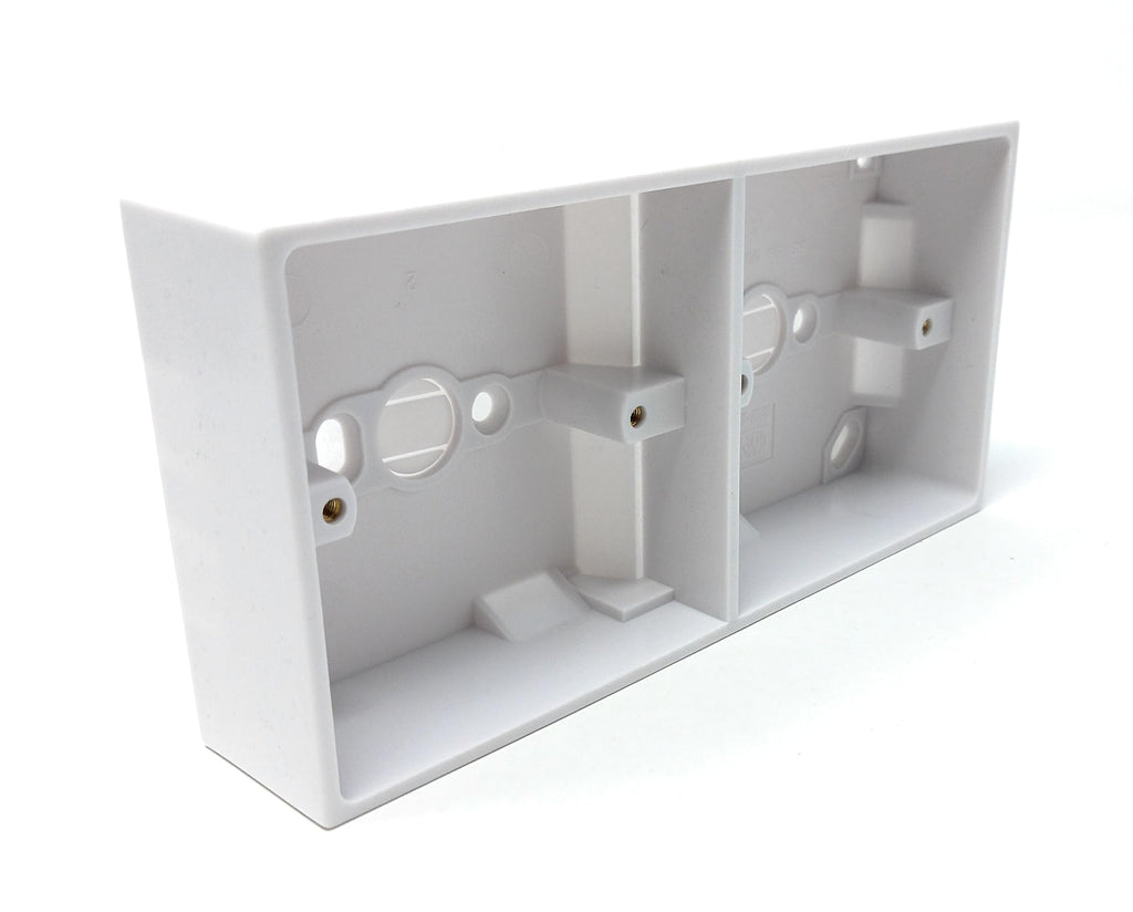 2-Gang Surface Mount Back Box – White Electrical Pattress Box, 172mm x 86mm x 35mm, Twin for Sockets and Switches
