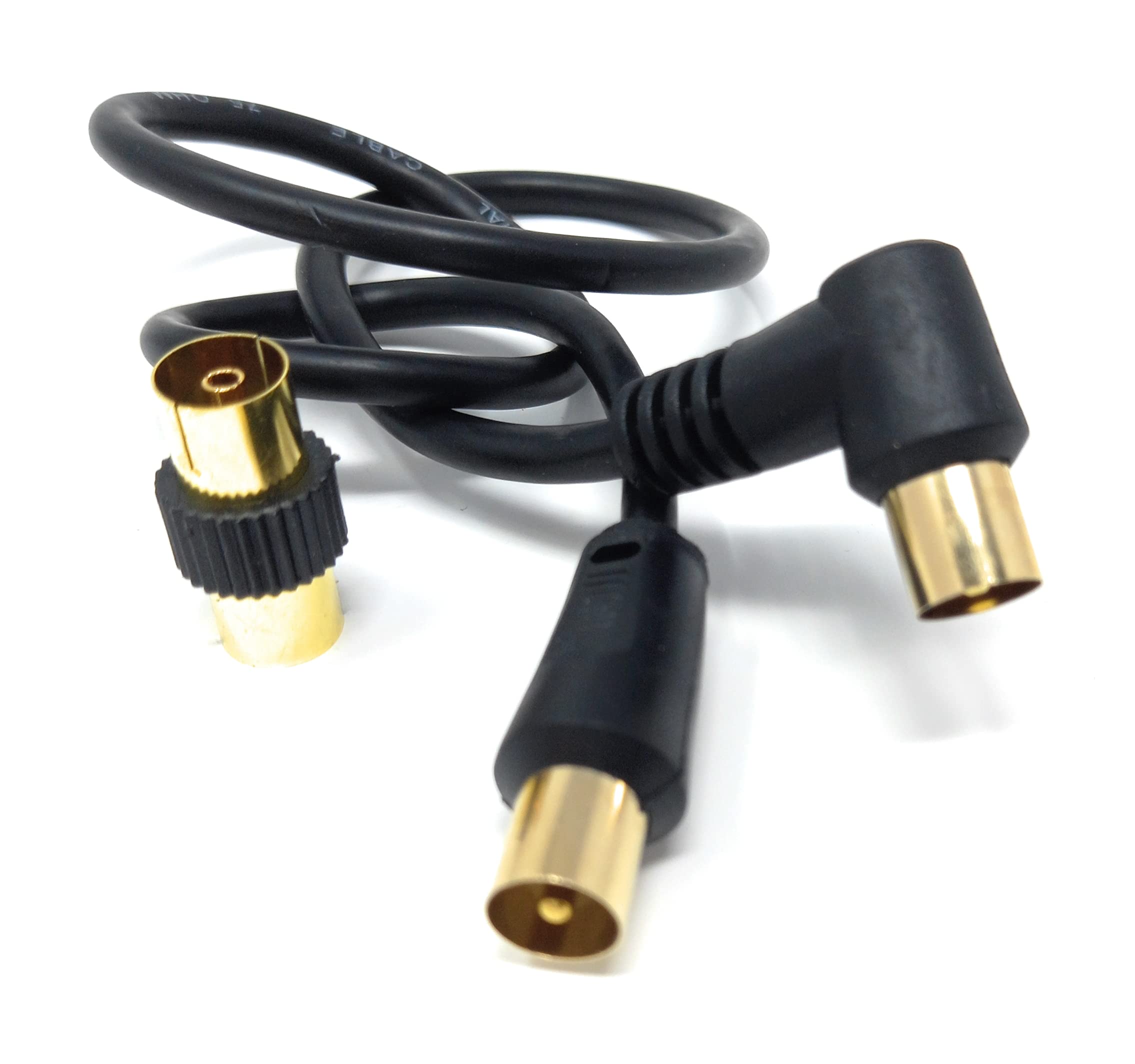 DRUT TV RF Right Angle Male to Male Aerial Antenna Coaxial Cable With Female to Female Coupler Gold Connectors 75 ohm, 3C2V