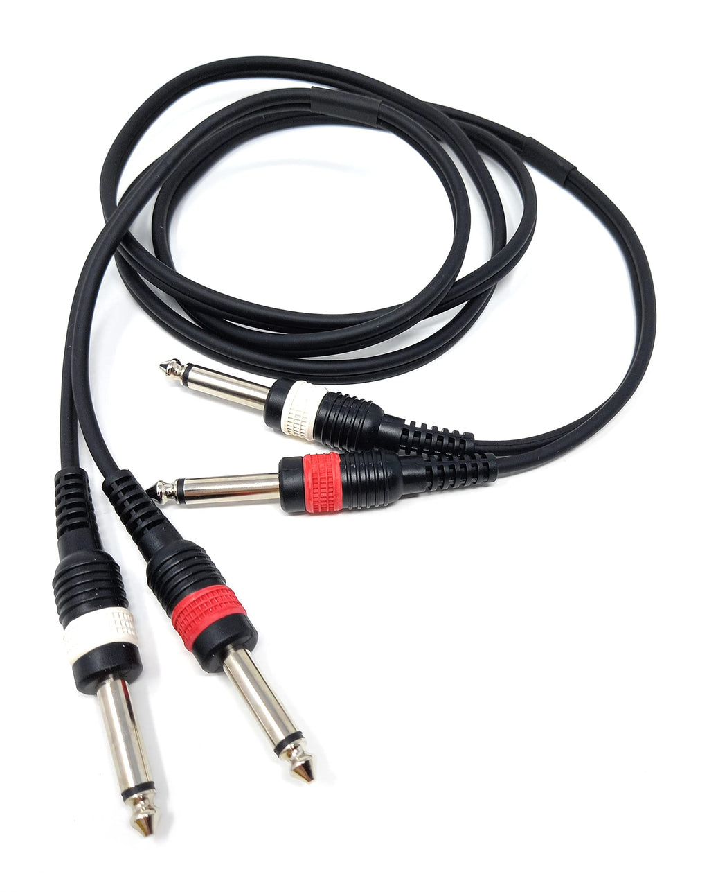 Twin 6.35mm Mono 2 x Jack to 2 x Jack Shielded Cable Lead, Rubber Reliefs, Helical PVC Cord, Nickel Connectors