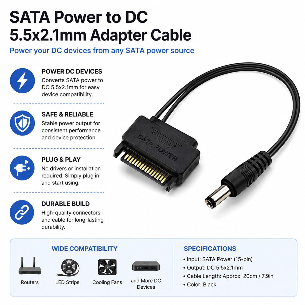 DRUT SATA Male to 5.5mm x 2.1mm DC Connection Cable, 12V Power Cable, 20cm
