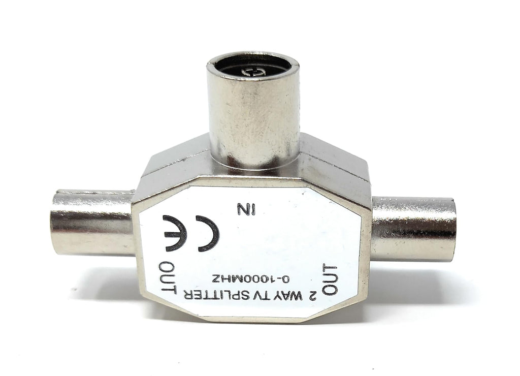 DRUT TV Antenna Adapter Distributor Splitter, 1 Female Socket in 2 Male Out, IEC Coax Cable, Aerial Digital Antenna Adaptor