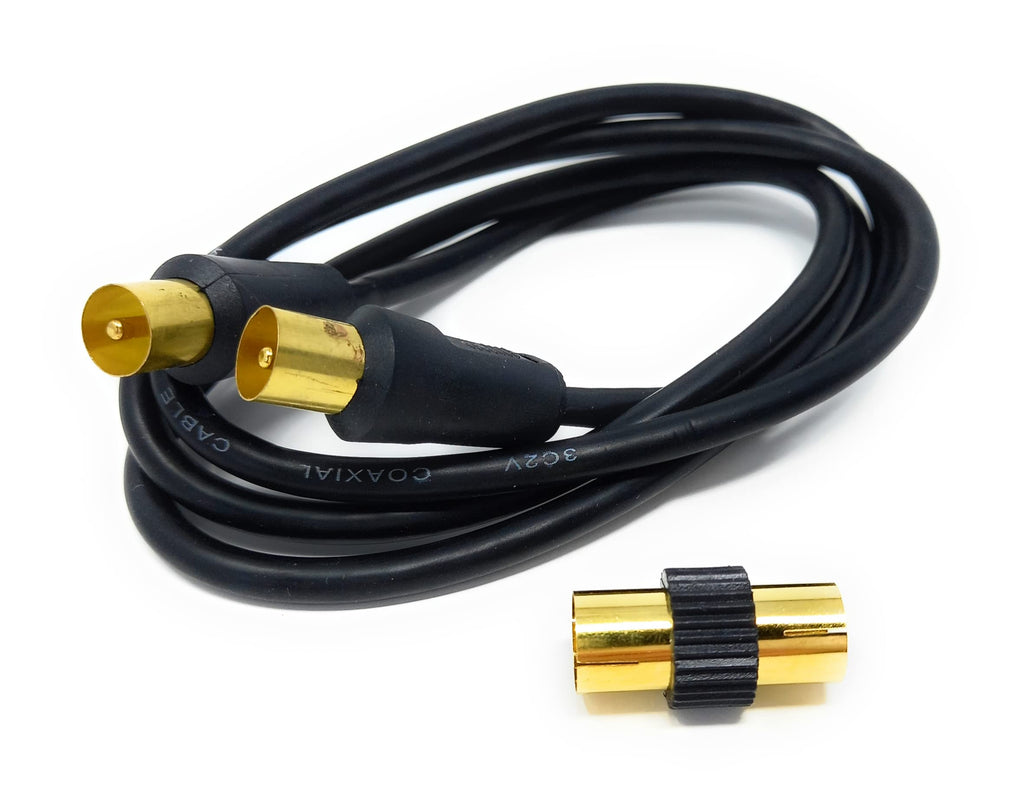 DRUT TV RF Male to Male Aerial Antenna Coaxial Cable With Female to Female Coupler, Gold Connectors 75 ohm, 3C2V
