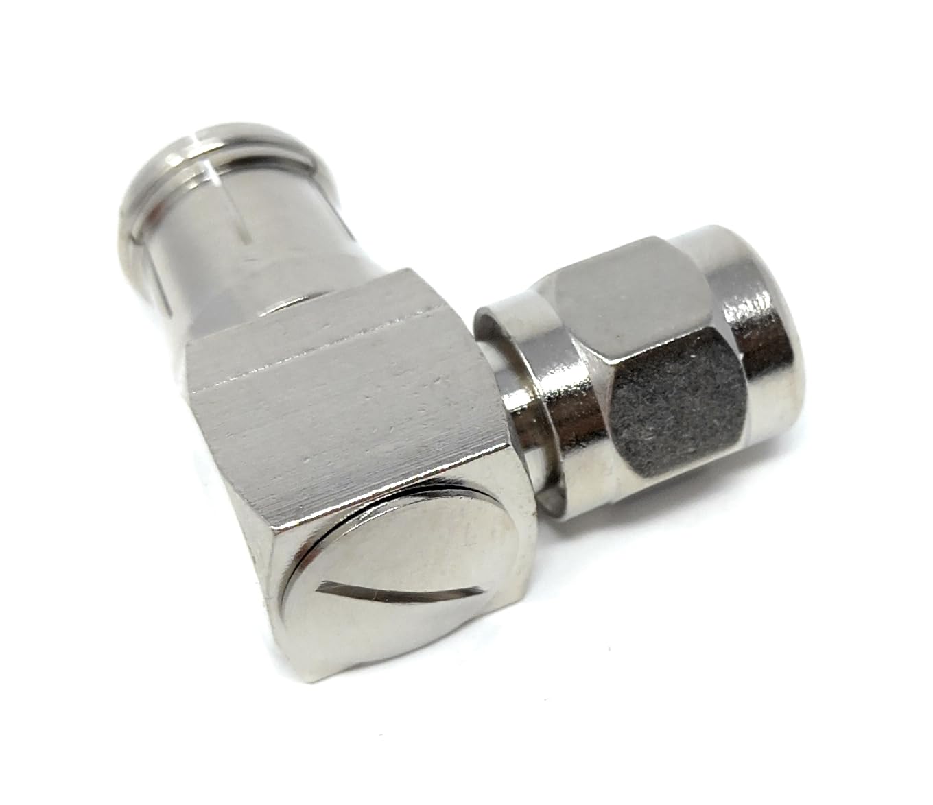 DRUT TV RF Coax Right Angle Adapter, With one end as a socket and the other end as a push-in with a screw, designed for aerial cables