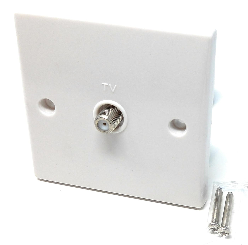 Single Gang TV, Satellite, Radio Outlet Wall Plate Faceplate – F-Type Male Screw Socket Connector, UK/EU Standard, White