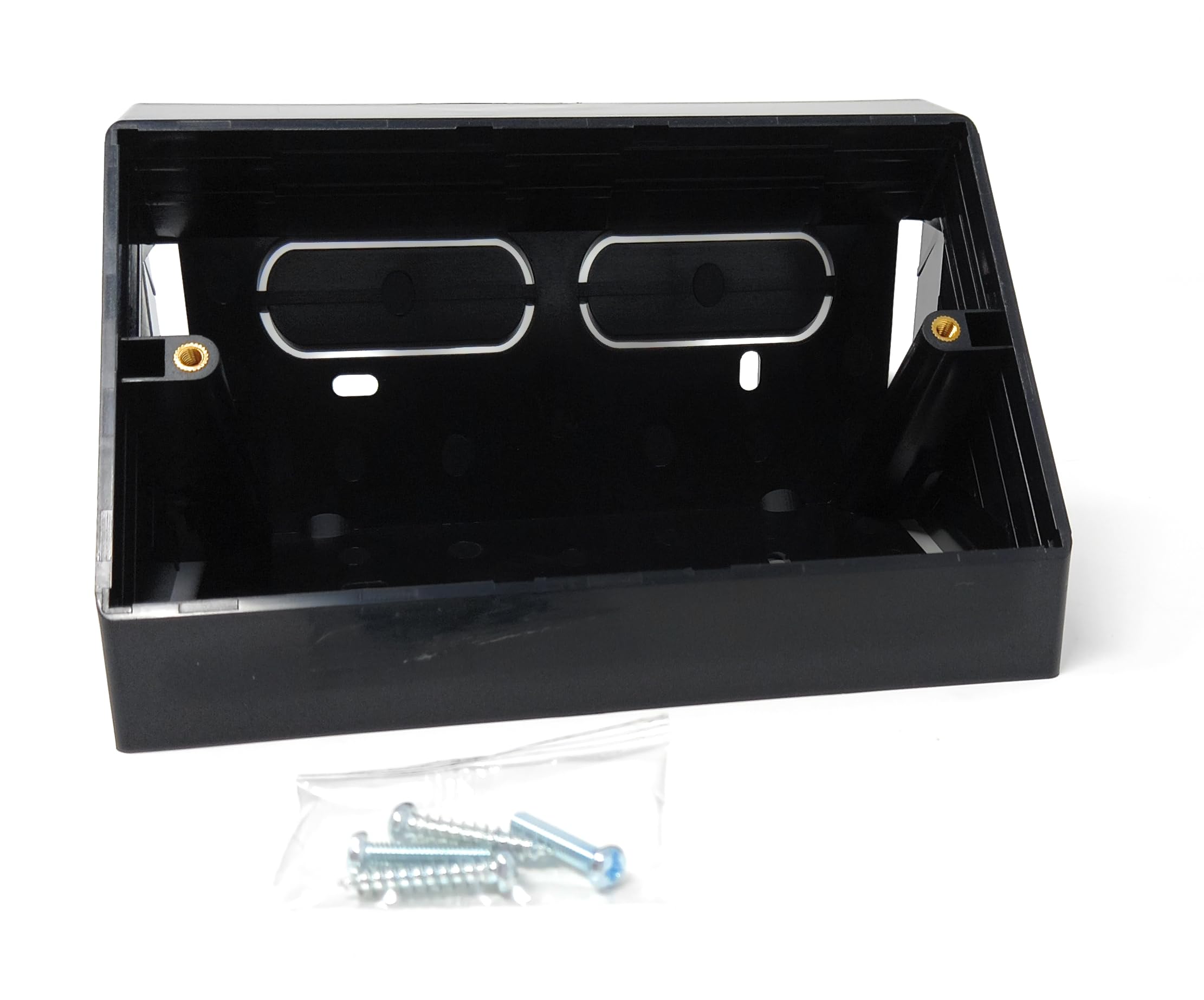 Double 2-Gang Surface Mount Pattress Electrical Back Box – 45° Angled for Faceplates, Workbench Applications (146mm x 85mm)