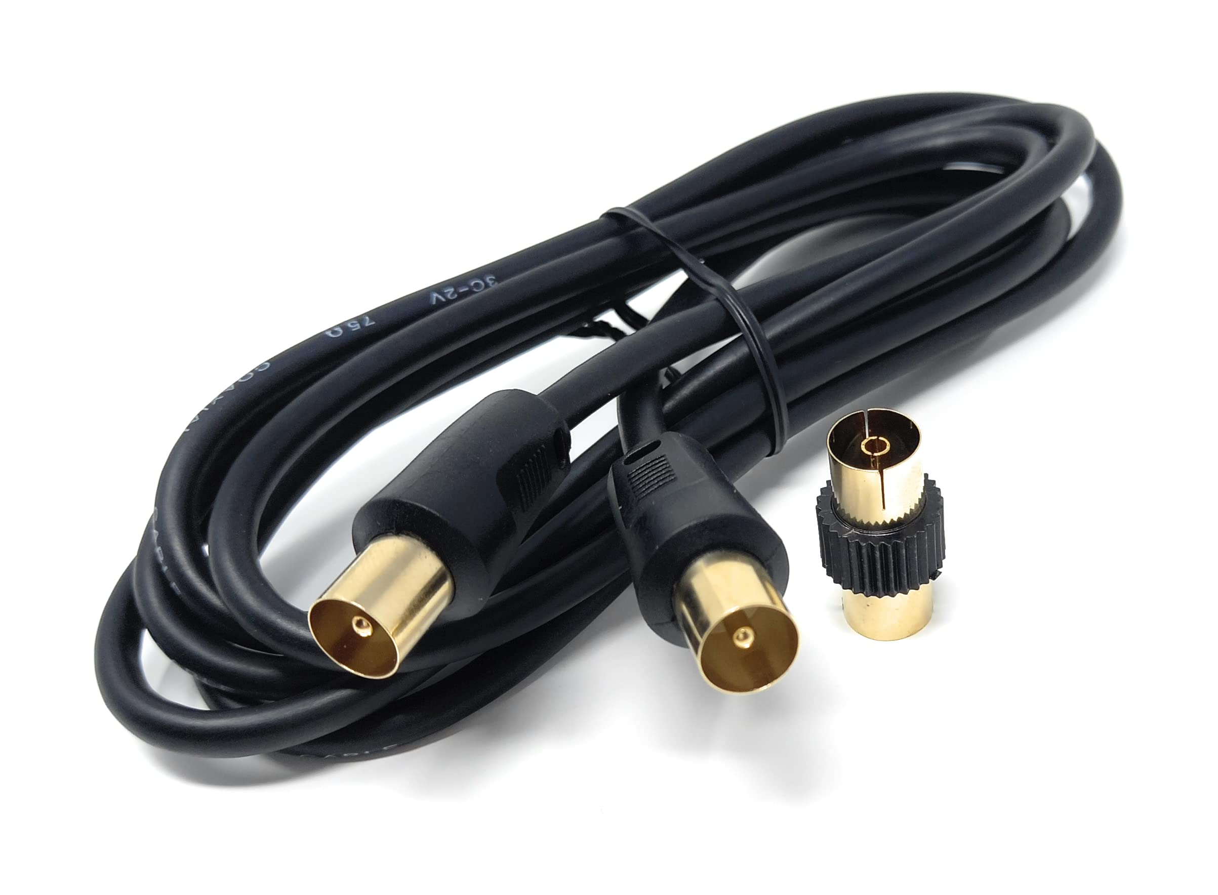 DRUT TV RF Male to Male Aerial Antenna Coaxial Cable With Female to Female Coupler, Gold Connectors 75 ohm, 3C2V