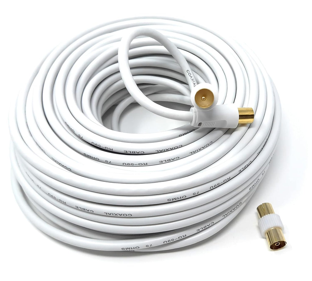 DRUT TV RF Male to Male Aerial Antenna Coaxial Cable With Female to Female Coupler, Gold Connectors 75 ohm, 3C2V