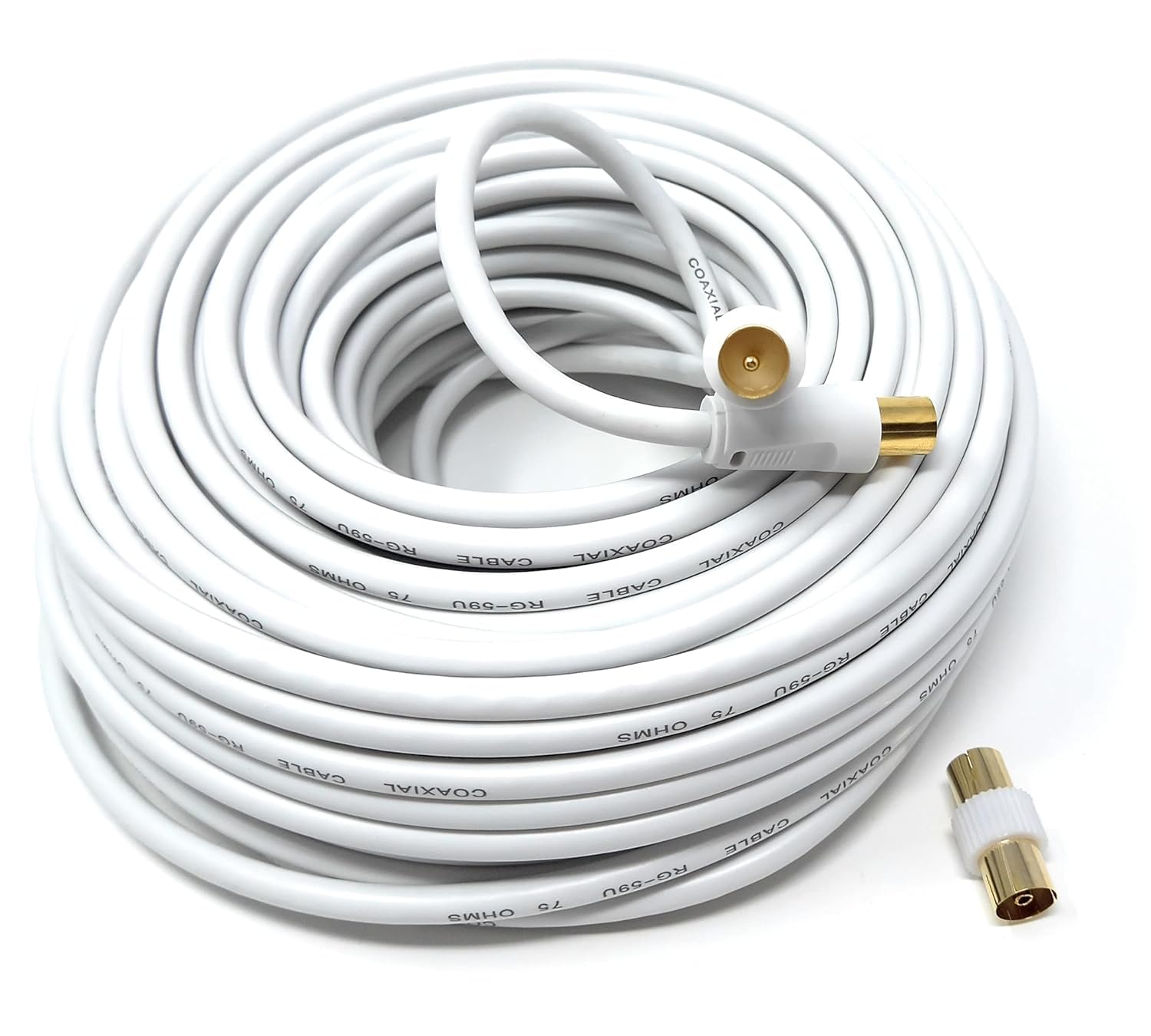 DRUT TV RF Male to Male Aerial Antenna Coaxial Cable With Female to Female Coupler, Gold Connectors 75 ohm, 3C2V